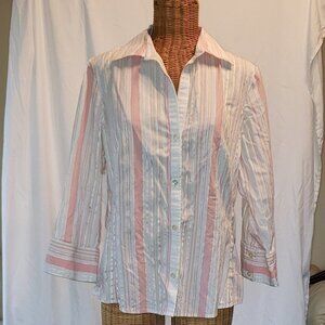 Ladies BANANA REPUBLIC Button Down Shirt in Cream w/Pink Stripes - XL